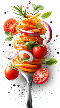 Pasta Spaghetti vegetable on a folk in white background. Popular italian food. AI Generative