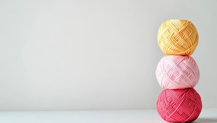 Fototapeta premium Three pastel yarn balls stacked, pale yellow, pink, and coral, against a white background
