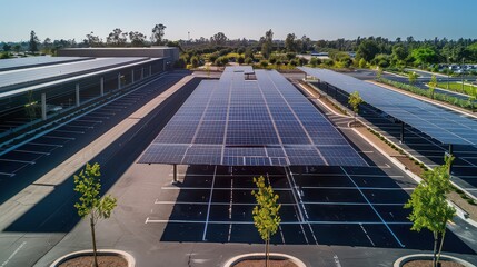 Aerial view of solar panel covered parking lot with trees and building on a sunny day landscape scene
