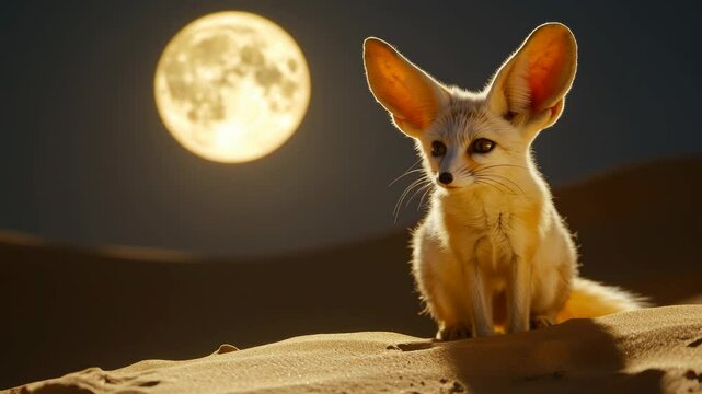 Fennec fox in desert night under moonlight: calm to curious transformation