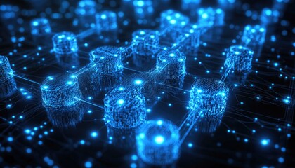 Glowing blue nodes connected by lines on a dark background. Good for visualizing data transfer, neural networks or AI tech.
