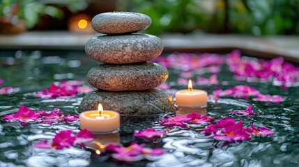 Stacked stones, candles, and petals in water