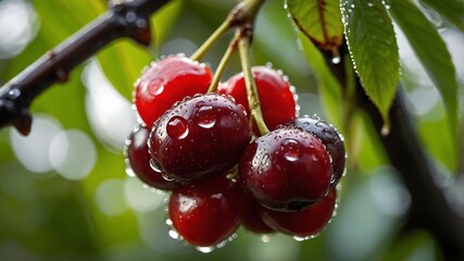 cherries on the tree. Ripe Cherries. Close-up of ripe cherries on a branch.