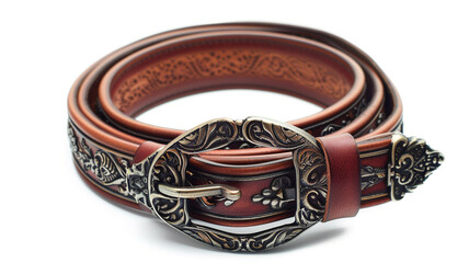 Chic brown leather belt with a decorative buckle. A stylish accessory to complete your outfit. - obrazy, fototapety, plakaty