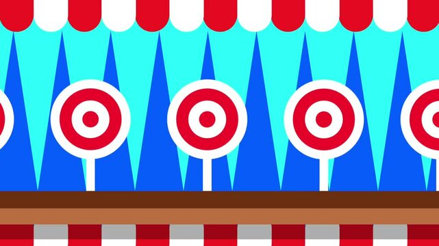 A row of vibrant red and white targets set up against a carnival-themed backdrop with bright blue tones and a festive vibe