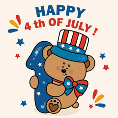 4th of july happy independence day number 1 with teddy bear wear uncle sam hat kawaii animal patriotic dress flat illustration