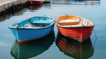Obraz premium Tranquil harbor scene showcasing colorful boats gently afloat on clear waters