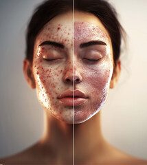 visual collage illustrating the development and application of artificial skin, including scientific and medical aesthetic with a clear "before and after" comparison