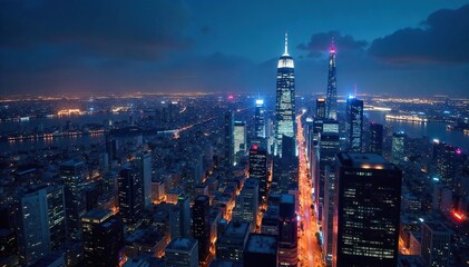 Obraz premium A bustling cityscape at night, skyscrapers illuminated, symbolizing the concentrated hub of innovative ideas and technological advancement , concentrated, futuristic, potential