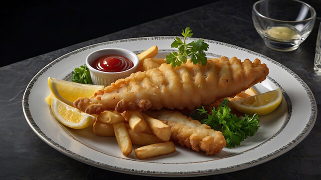 Fish and Chips Meal with Ketchup and Lemon - Powered by Adobe