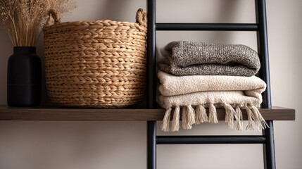 Artful scene with basket on ladder shelf, soft folded throw blanket, minimalist styling