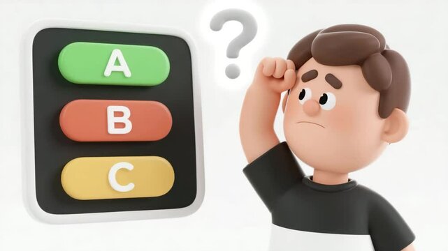 Confused 3D cartoon boy stands in front of floating ABC quiz panel with colorful buttons A B C He looks unsure and hesitant A glowing question mark appears above his head Educational animation