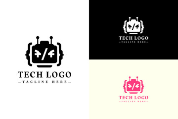 vector illustration of silhouette robot inside brackets, icon, logo for automation, robotic, ai era, web development, software, it company, programming, artificial intelligence, tech, and more