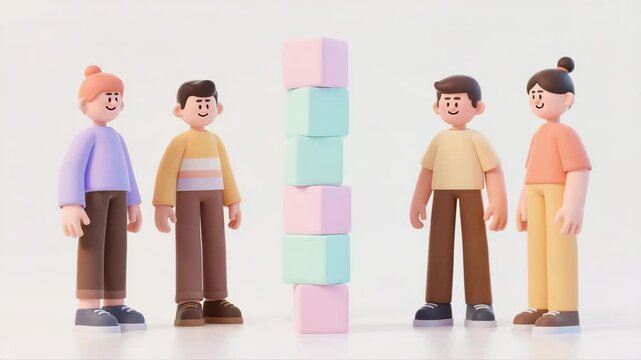 Four 3D cartoon characters work together to build and balance a colorful stack of soft cubes Team cooperation, collaboration, support and strategy concept in playful animation for business or educatio