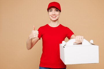 Delivery girl employee woman wear red cap t-shirt uniform workwear work as dealer courier hold cake...