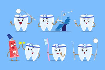 Dentist and dental equipments . Teeth cartoon characters . Isolated on blue background . Vector .