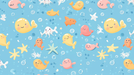 cute sea creatures and bubbles cartoon, perfect for underwater themes, kids' decor, or aquatic designs.