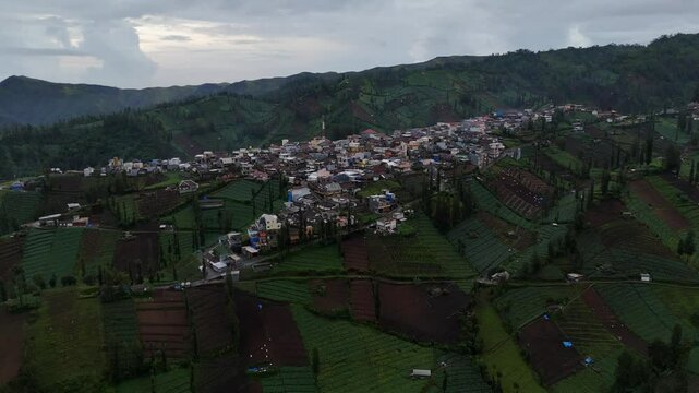 Aerial drone view of a town village in the hills of east java indonesia