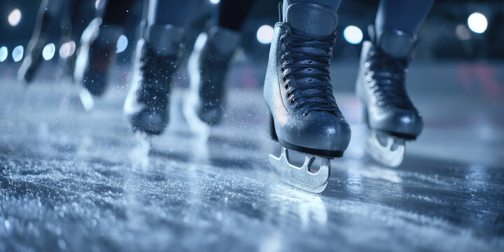 Group skating drill with clear ice trail pattern