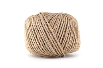 A tightly wound ball of natural twine rests against a clean white background.
