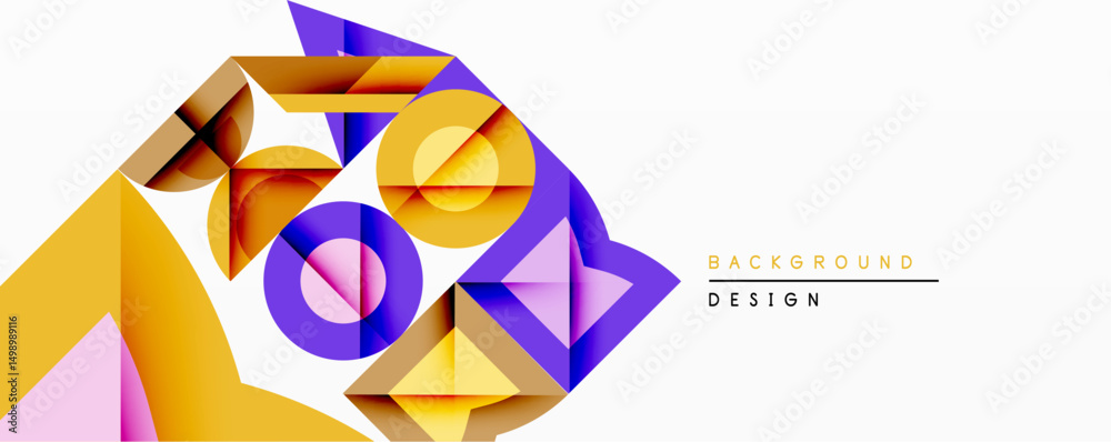 Poster abstract geometric composition. overlapping shapes create dynamic visual effect. yellow, purple, bla