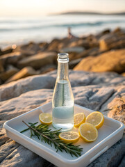 Obraz premium Refreshing drink with lemon and herbs on a tray by the rocky seashore.