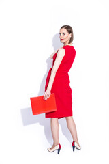 Positive Confident Caucasian Business Woman in Long Red Dress Posing With Red Folder Over White