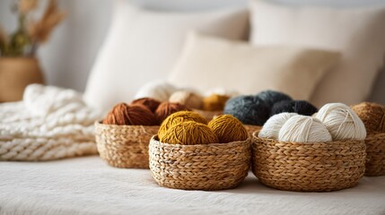 Obraz premium Natural wicker baskets filled with knitting yarn, placed on off-white couch, lifestyle minimalism