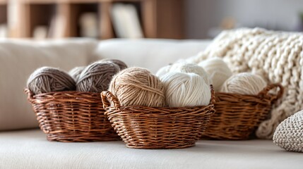 Fototapeta premium Natural wicker baskets filled with knitting yarn, placed on off-white couch, lifestyle minimalism