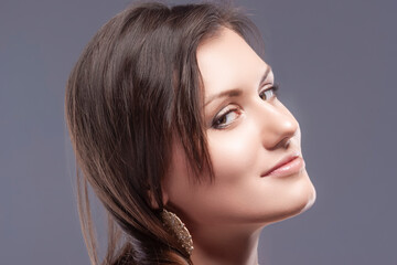Obraz premium Extreme Closeup Beauty Portrait of Calm Sensual Caucasian Brunette Woman with Clean Skin for Facial Treatment, Cosmetology and Spa