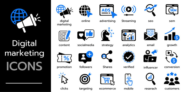 Digital marketing icon set. seo, content, ads, social media, sales and online advertising. Solid vector icons collection.
