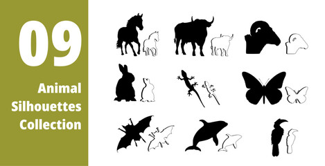 A bundle of 09 unique wildlife animal shapes. Perfect for logos, illustrations, educational materials, and nature-themed designs. Versatile and editable vector collection.