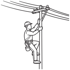 Hand-drawn illustration of a worker climbing a utility pole with safety gear