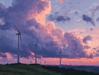 Pink And Purple Sunset Over Wind Turbines