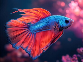A vibrant betta fish with blue body and red flowing fins swims in water. Perfect for themes of beauty, nature, aquariums, and relaxation content.