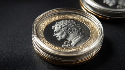 A close-up of a silver and gold coin with a portrait of a man on it, placed on a dark surface with a golden border.