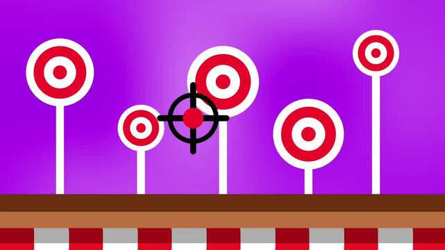 Bright red and white carnival targets stand on a vibrant purple background with a central black crosshair aiming to hit the bullseye