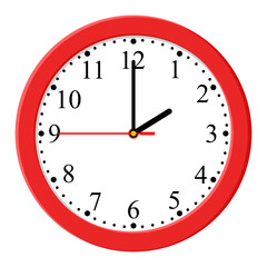 Vector simple classic red round wall clock isolated on white, two o'clock
