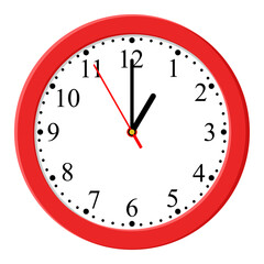 Vector simple classic red round wall clock isolated on white, clock at 13.00