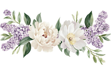 Watercolor floral arrangement with white peonies and lilac flowers isolated on transparent background