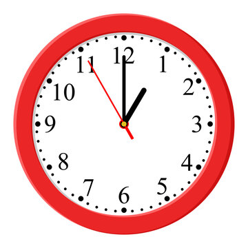 Vector simple classic red round wall clock isolated on white, clock at 13.00