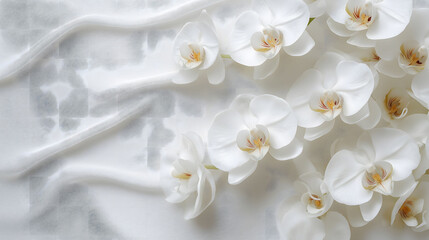 Obraz premium White orchid wedding bouquet on textured silk background, close up spring blossom floral beauty macro plant petals nature branch bloom with copy space
