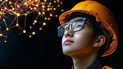 Obraz premium Young engineer with reflective glasses and hard hat gazing at digital network concept against dark background for innovative technology imagery