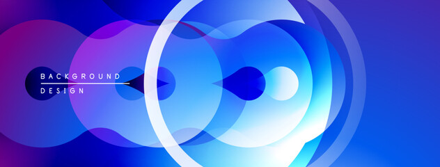 Abstract fluid shapes, vibrant blues, purples create dynamic background. Concentric circles add depth, modern feel.