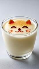Cute Cat Face Shaped Milk Pudding in Clear Glass on Bright Background