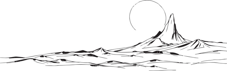 Fantastic landscape on a distant planet, mountains, planets, wastelands, futurism. Hand drawn vector illustration