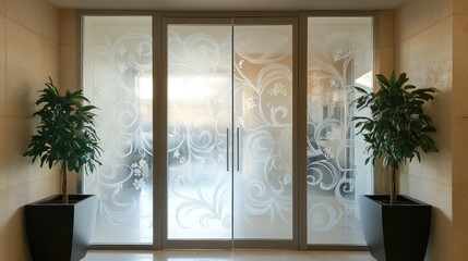 Elegant frosted glass doors with decorative patterns