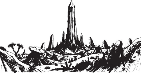 Fantastic landscape on a distant planet, mountains, planets, wastelands, futurism. Hand drawn vector illustration