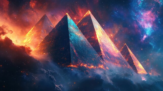 Mystical pyramids amidst cosmic cloudscapes evoke otherworldly architectural wonders