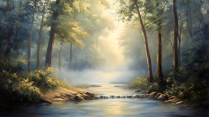 Fototapeta premium A serene forest landscape with a gentle river and soft mist.